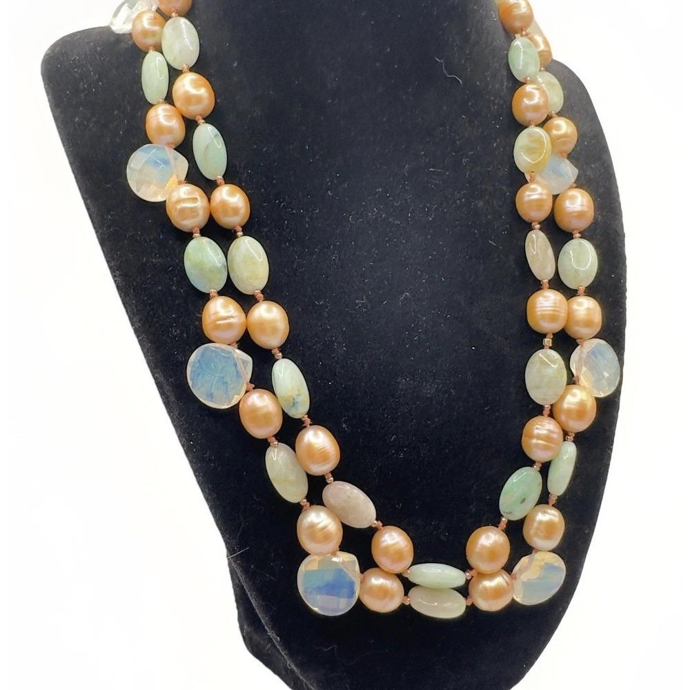 Pearl & Gemstone Necklace Double Strand Chunky Sterling Clasp Studio Stunning